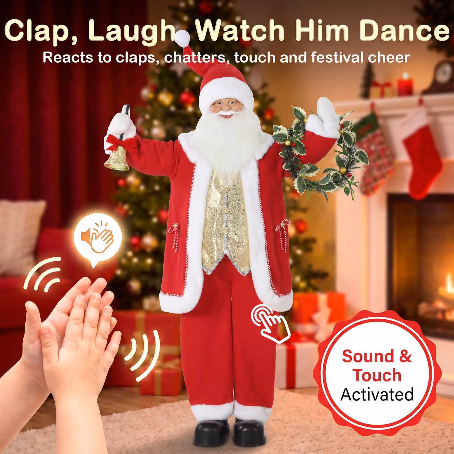 HOMCOM 5ft Life Size Singing Santa Claus Animated Christmas Figure in Red and Gold with Bell and Wreath, Height: 152.4 cm – 5