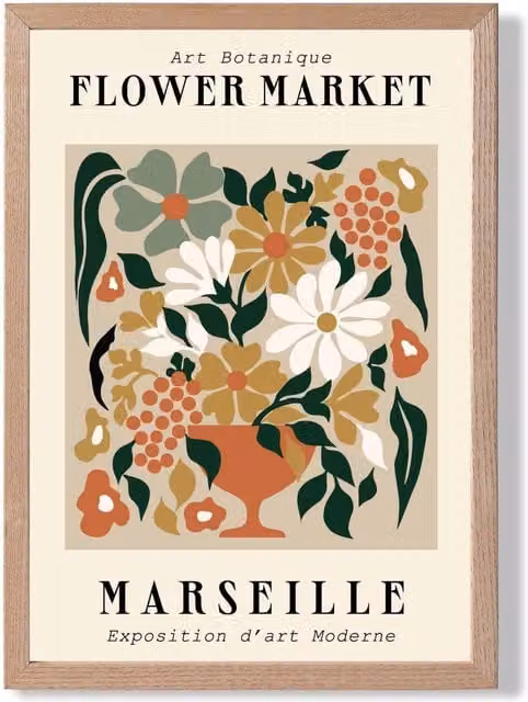 ARTZE Marseille Beige and Green Flower Market Exhibition Framed Print with Oak Frame
