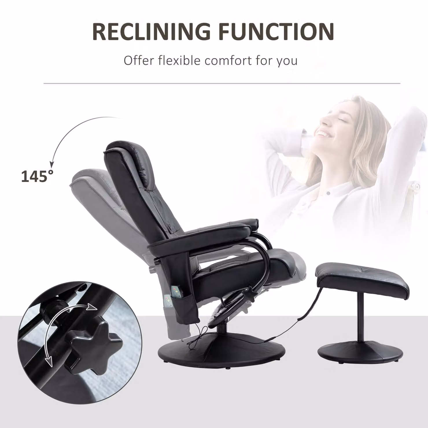 HOMCOM 10-Point Massage Recliner Chair with Ottoman in Black PU Leather – 5
