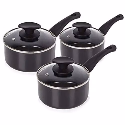 Tower T81507 Essentials 3 Piece Induction Saucepan Set with Lids, Ceramic Non-Stick Coating, Black