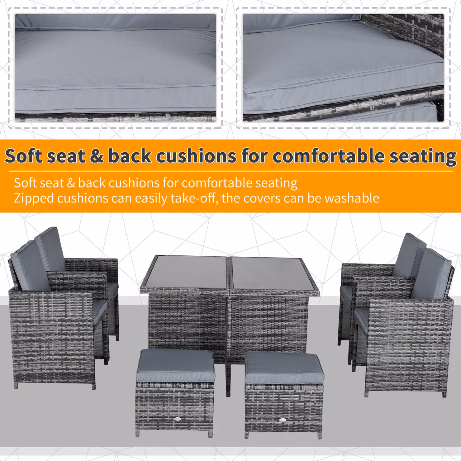 Outsunny 9-Piece Grey Rattan Garden Dining Set with Table, 8 Chairs and Footrest – 7