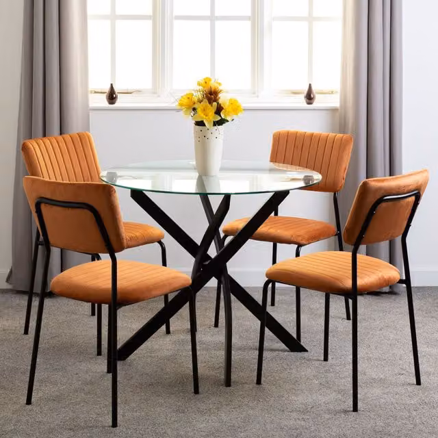 Seconique Sheldon Round Glass Top Dining Set with Orange Velvet Chairs