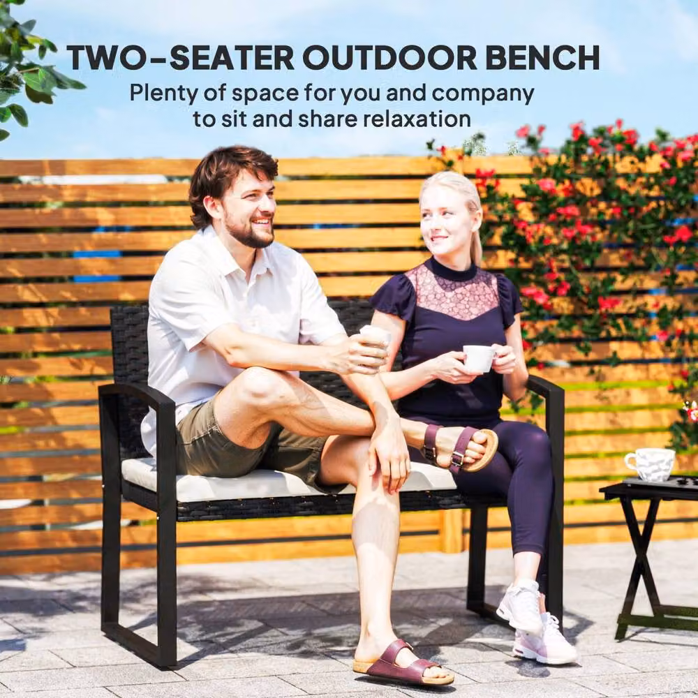 Wyld Haus Lalepa Black and Beige 2 Seater Woven Rattan and Metal Outdoor Bench – 4