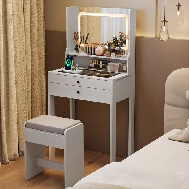 COSTWAY Modern White Hollywood LED Makeup Table with Glass Top