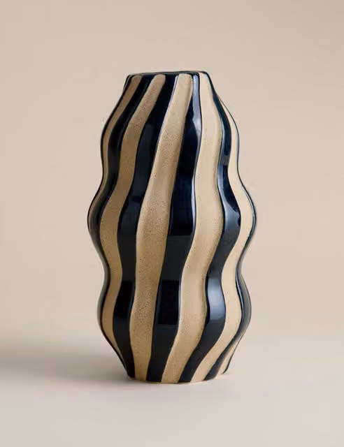 M&S Large Striped Blue Ceramic Tabletop Vase