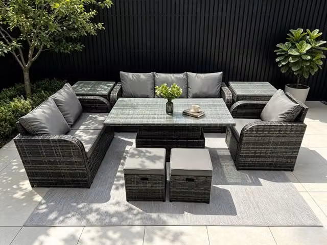 Fimous Rattan Garden Dining Set with Reclining Sofa, 2 Side Tables and 2 Footstools in Dark Grey