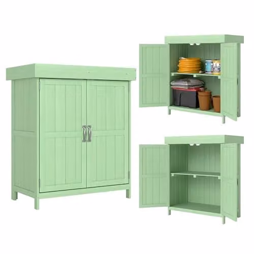 Outsunny Green Wooden Low Cabinet with Double Doors and Shelving, W/D/H: 43 x 43 x 88 cm – 1