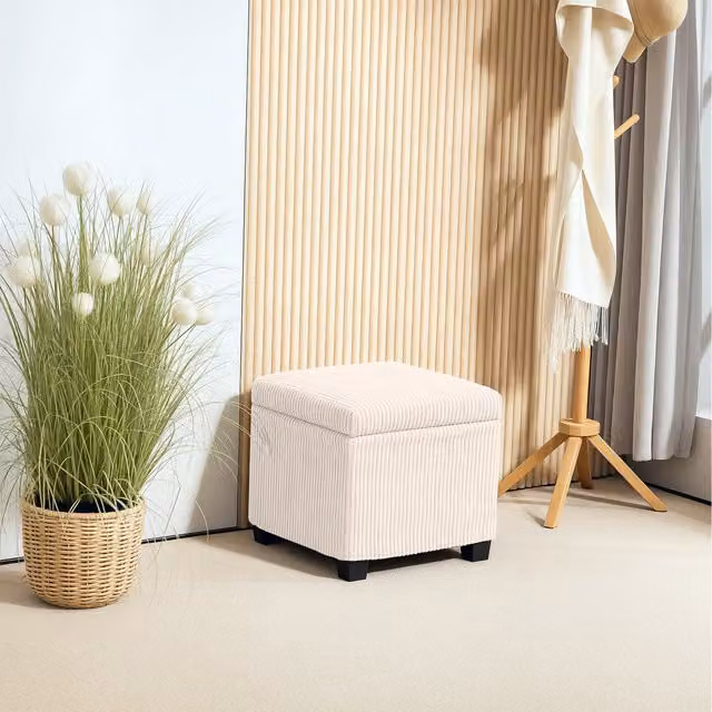 HOMCOM Corduroy Storage Ottoman Bench with Removable Lid and Legs in Beige