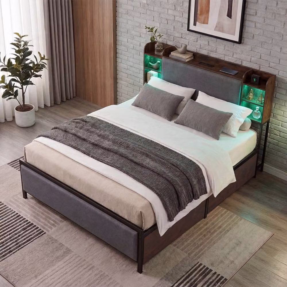 Costway King Size Bed Frame in Brown with LED Lights, USB Charging Port and Storage Drawers, W/D/H: 180 x 200 cm – 3