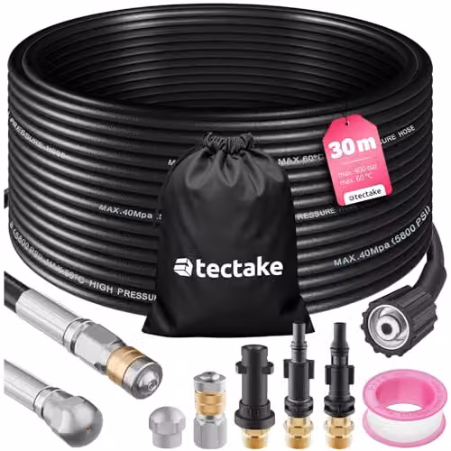 tectake Pipe Cleaning Hose Set with Stainless Steel Nozzles and Adapters, Black, 30m