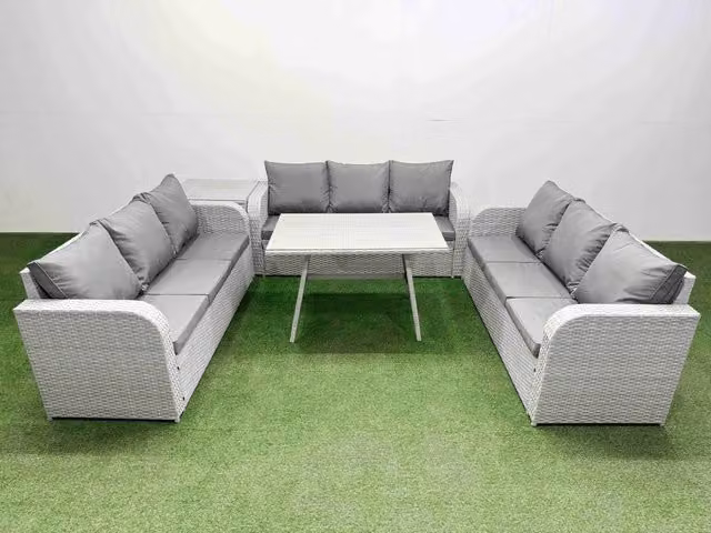 Fimous 9 Seat Outdoor Rattan Garden Furniture Set with 3 Seater Sofa and Side Table in Light Grey