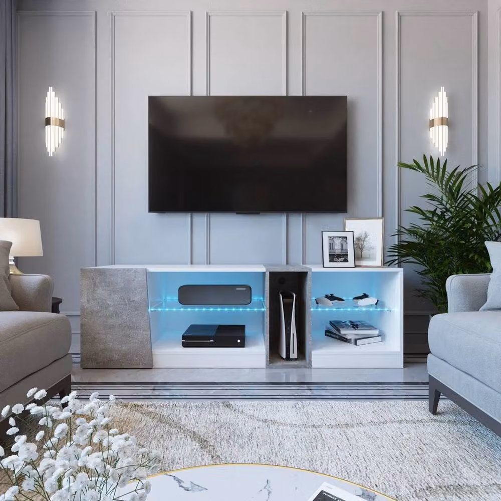 KORVIXA Mondeer LED TV Cabinet in White with Integrated Lighting, W: 140 cm, D: 100 cm, H: 100 cm – 3