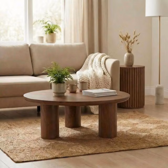 FurnitureboxUK Teton Round Mango Wood Coffee Table in Walnut Brown – 1