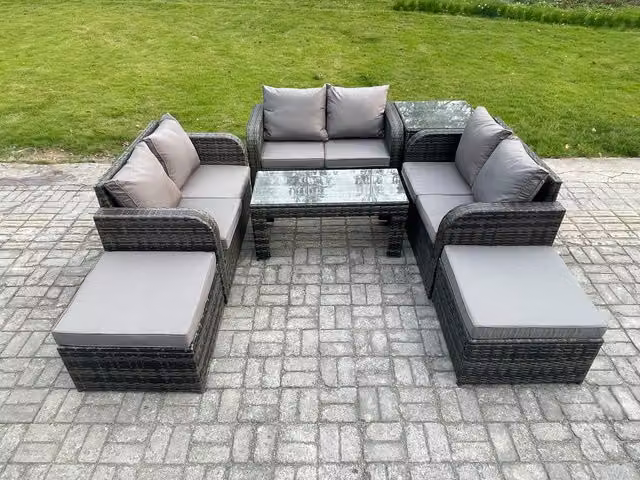 Fimous 7 Piece Grey Wicker Rattan Garden Furniture Set with Coffee Table, 2 Seater Sofa, Love Seat, 2 Footstools and Side Table