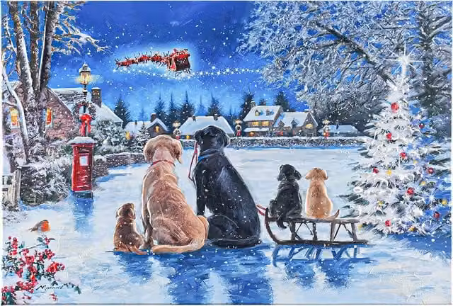 Macneil Snowy Dogs Spotting Santa Multicolour Christmas Canvas Illustration