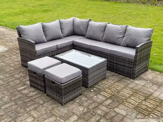 Fimous 8 Seater High Back Rattan Corner Sofa Set with Rectangular Coffee Table and 2 Small Footstools in Dark Grey