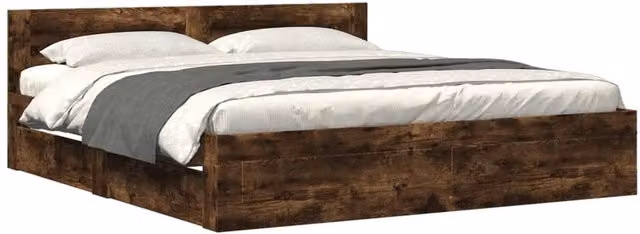 Berkfield Home Bed Frame with Headboard and Drawers in Smoked Oak Brown, W/D/H: 200 x 200 x 36 cm – 1