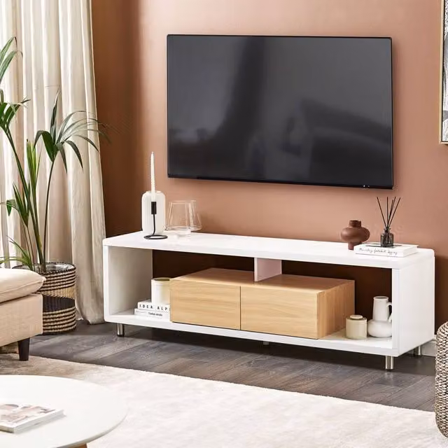 Wyld and Coco TV Stand in White and Brown High Gloss with 2 Soft-Closing Drawers, W/D/H: 159 x 39 x 50 cm