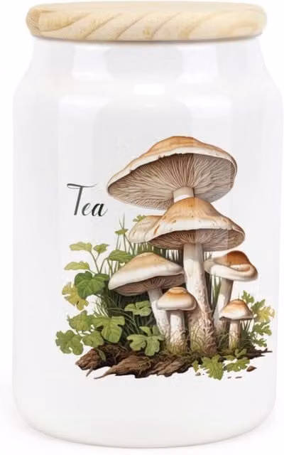 Purely Home Watercolour Mushrooms Ceramic Tea Storage Canister in White
