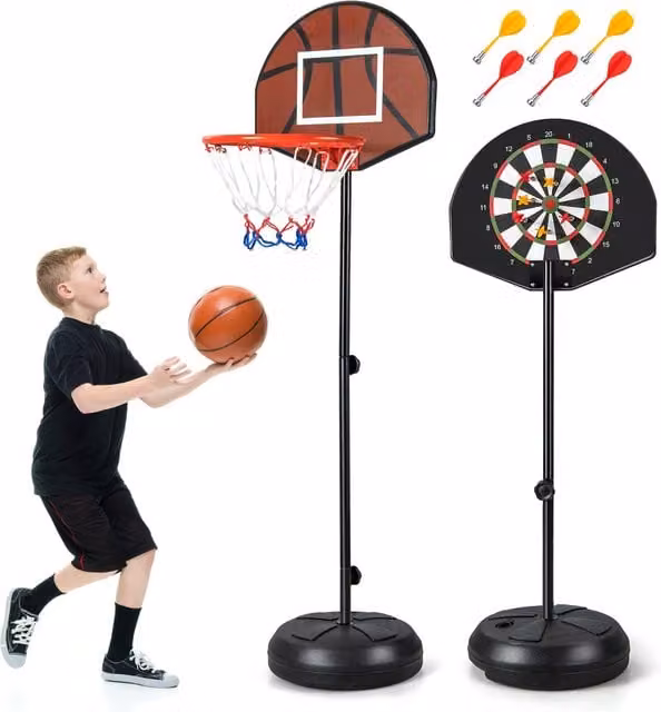 Costway Height Adjustable Kids Basketball Hoop and Dart Board Set in Black and Multicolour