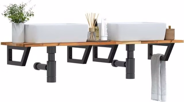 Berkfield Home Wall Mounted Basin Shelf in Brown Acacia Wood and Steel