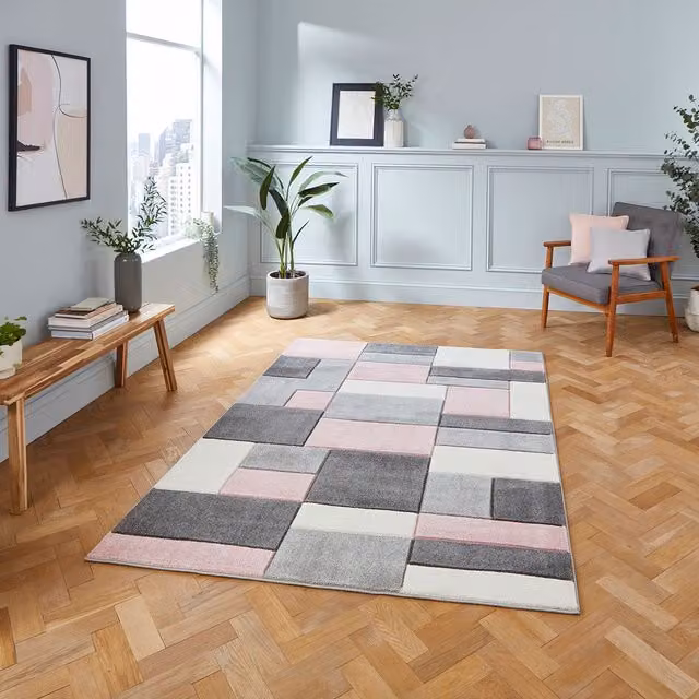 Terrys Modern Geometric Rectangular Rug in Grey and Pink
