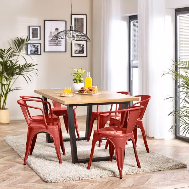 FurnitureboxUK Cotswold Oak Square Dining Table with 4 Colton Metal Arm Chairs in Red and Black