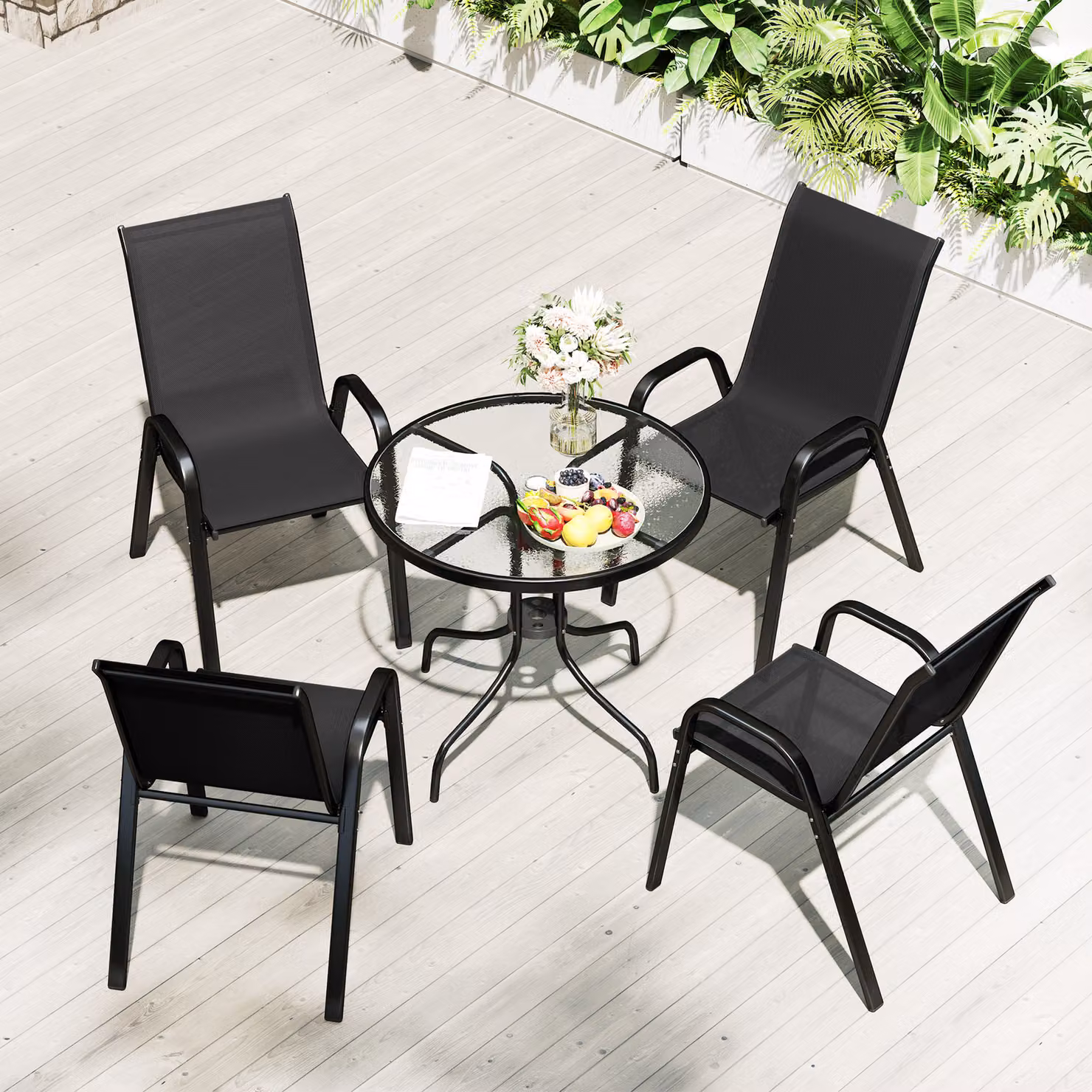 Outsunny Five-Piece Modern Patio Set with Round Glass-Top Table in Black Powder-Coated Steel – 7