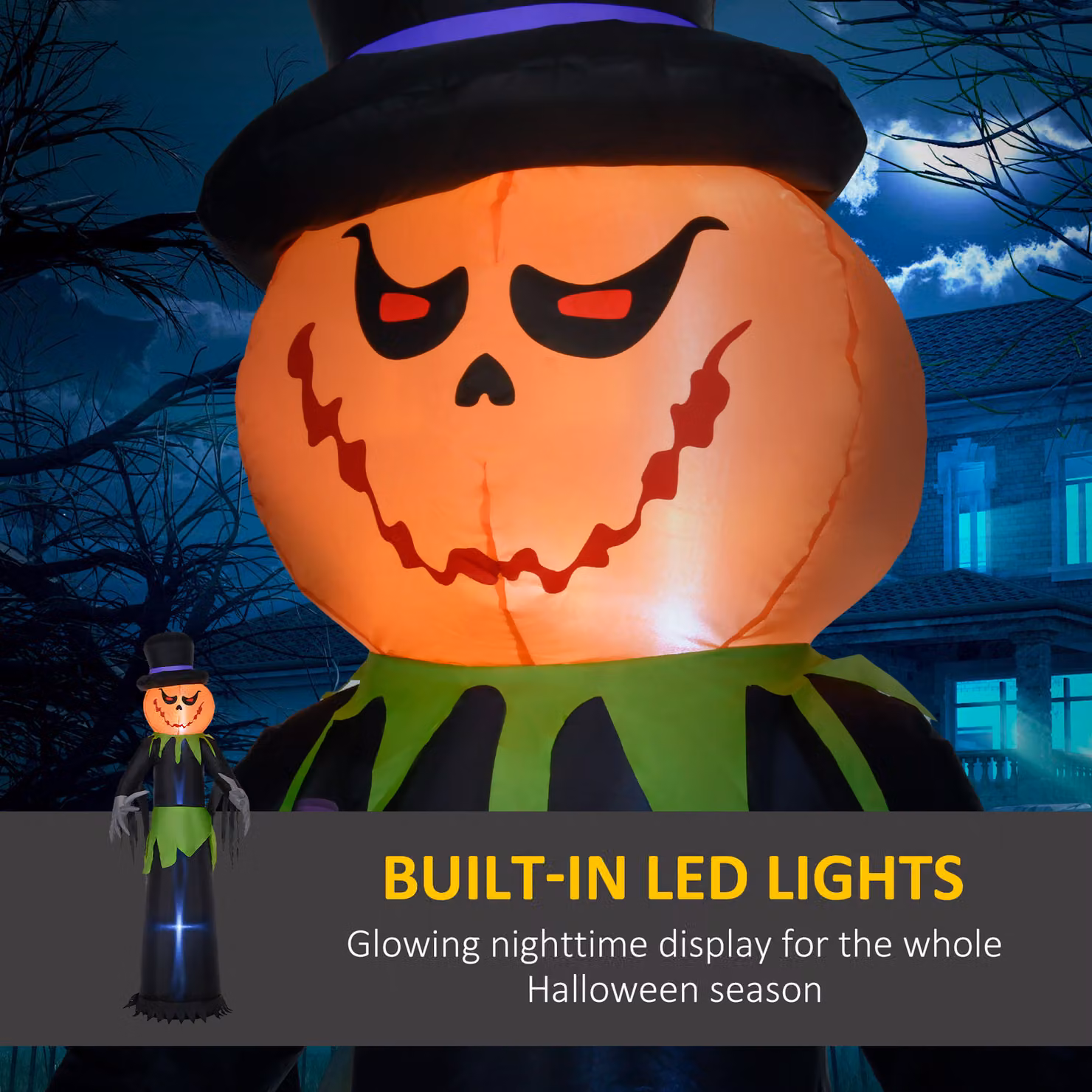 Outsunny 8ft Tall Inflatable Pumpkin Ghost with Hat and LED Lights for Outdoor Halloween Decoration – 4