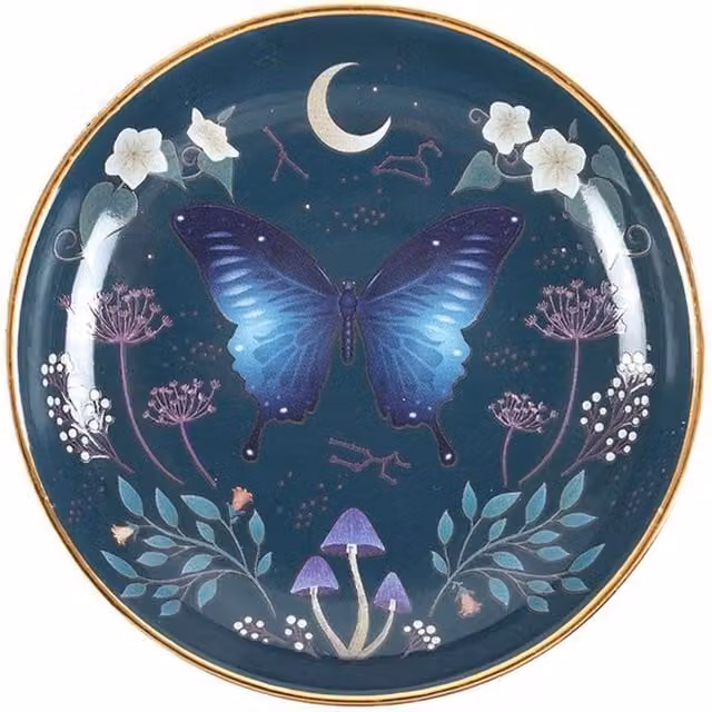 Uniqueful Round Midnight Moth Trinket Dish in Blue and Gold