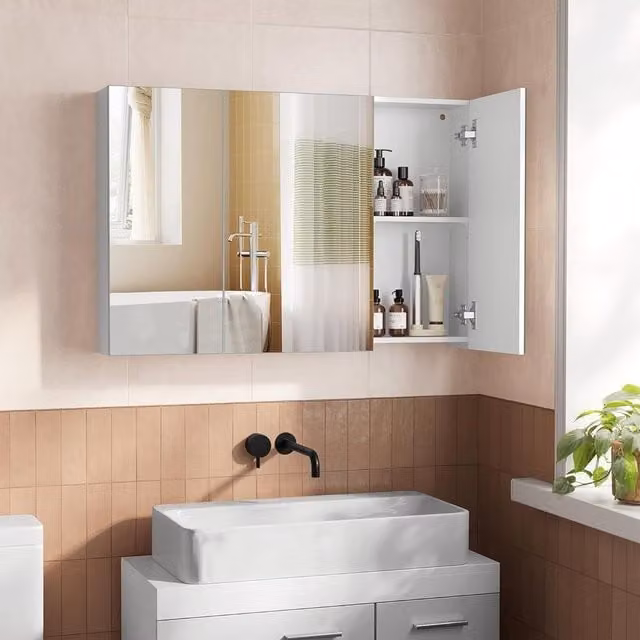 VASAGLE White Modern Wall-Mounted Bathroom Mirror Cabinet with 3 Hinged Doors and Internal Shelves – 1