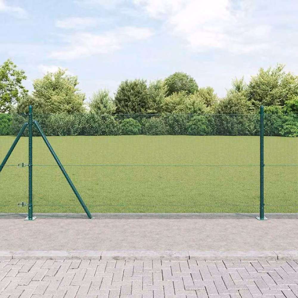 Berkfield Home Green Steel Welded Wire Fence with 7 Flanged Posts, W: 10 m, H: 0.8 m – 2