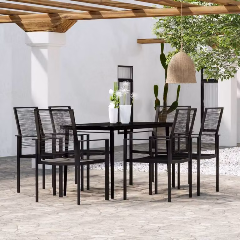 Berkfield Home 7 Piece Black Modern Garden Dining Set with Metal, Rattan and Glass