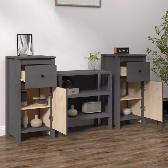 Berkfield Home Set of 2 Grey Solid Wood Pine Sideboards, W/D/H: 40 x 35 x 80 cm
