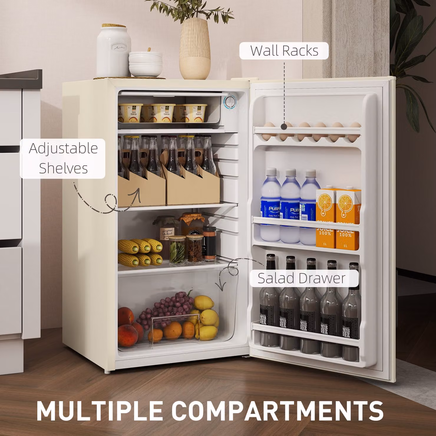 HOMCOM 91 Litre Freestanding Under Counter Fridge Freezer with Chiller Box in Beige, Width: 47.5 cm – 3