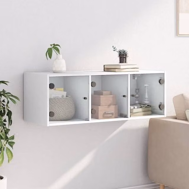 Berkfield Home Wall Mounted Cabinet with Glass Doors, White, W: 102 cm, D: 37 cm, H: 35 cm