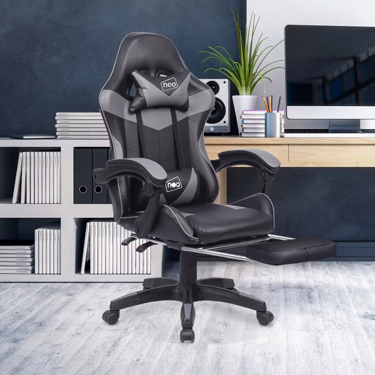 Neo Grey Synthetic Leather Gaming Chair with Footrest and Headrest – 5