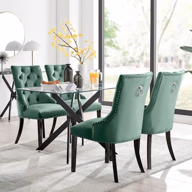 FurnitureboxUK Leonardo Glass Dining Table with 4 Belgravia Black Leg Chairs in Green