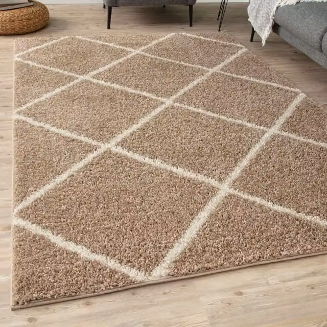 THE RUGS Moroccan Soft High Pile Shaggy Diamond Rug, W: 160 cm, D: 230 cm, Beige