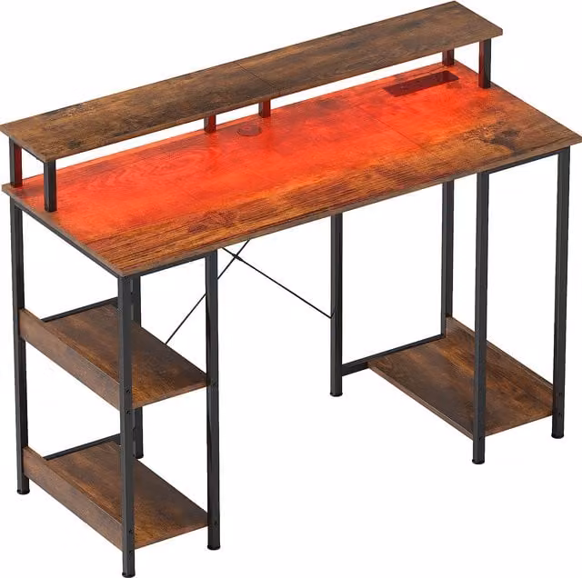HOMCOM Computer Desk with Power Outlets and LED Lights, Rustic Brown Home Office Desk with Monitor Stand and 2-Tier Shelves, W: 120 cm, D: 50 cm