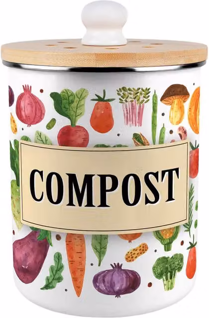 Purely Home Watercolour Vegetables Metal Compost Caddy with Flip Lid, 2L, Green and Multicolour