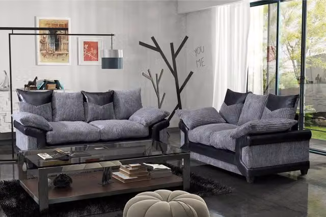 SquareBoxx Luca Grey Jumbo Cord 3+2 Sofa Set with Black Leather-Effect Trim and Matching Ottoman
