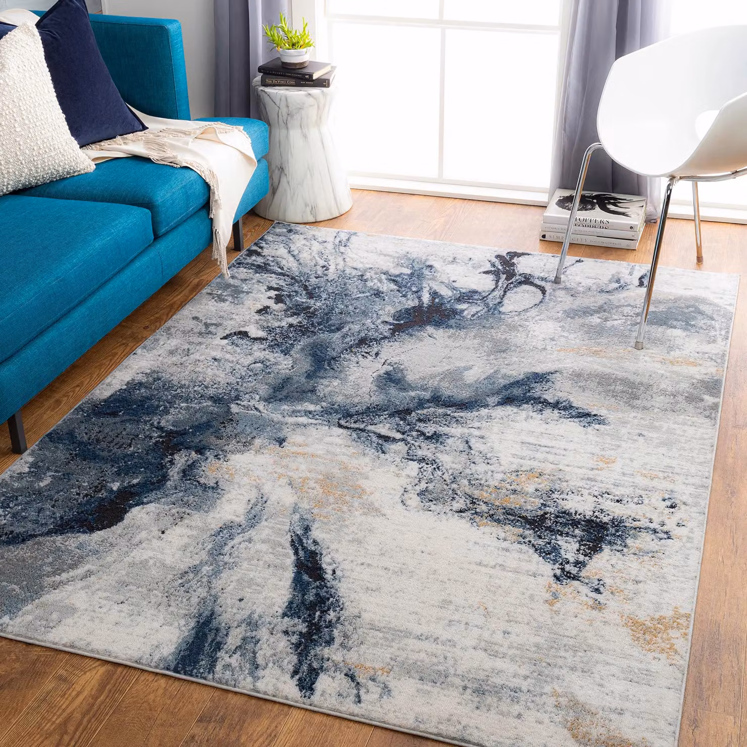 Livabliss Jolie Round Abstract Modern Marble Rug in Dark Blue, Grey, and Beige, Diameter: 200 cm – 7