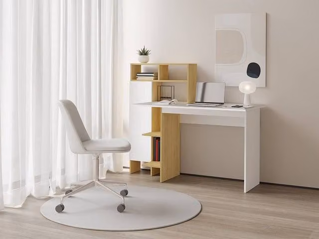 Vente-unique Modern Desk with 1 Cupboard and 4 Shelves in White and Light Oak, W/D/H: 136 x 60 x 76.7 cm – 1
