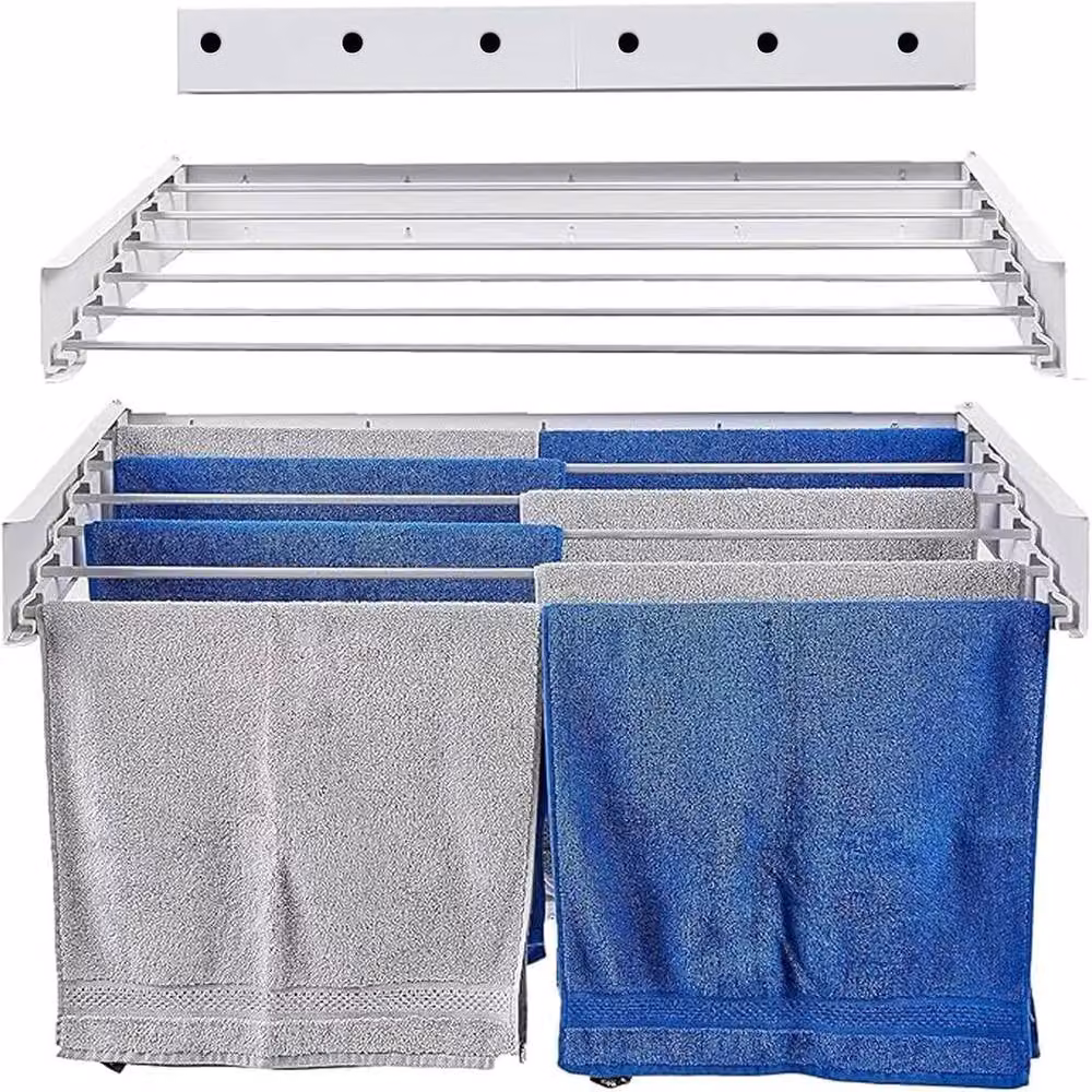 ATEK Wall Mounted Retractable Laundry Drying Rack in White, 100cm – 2