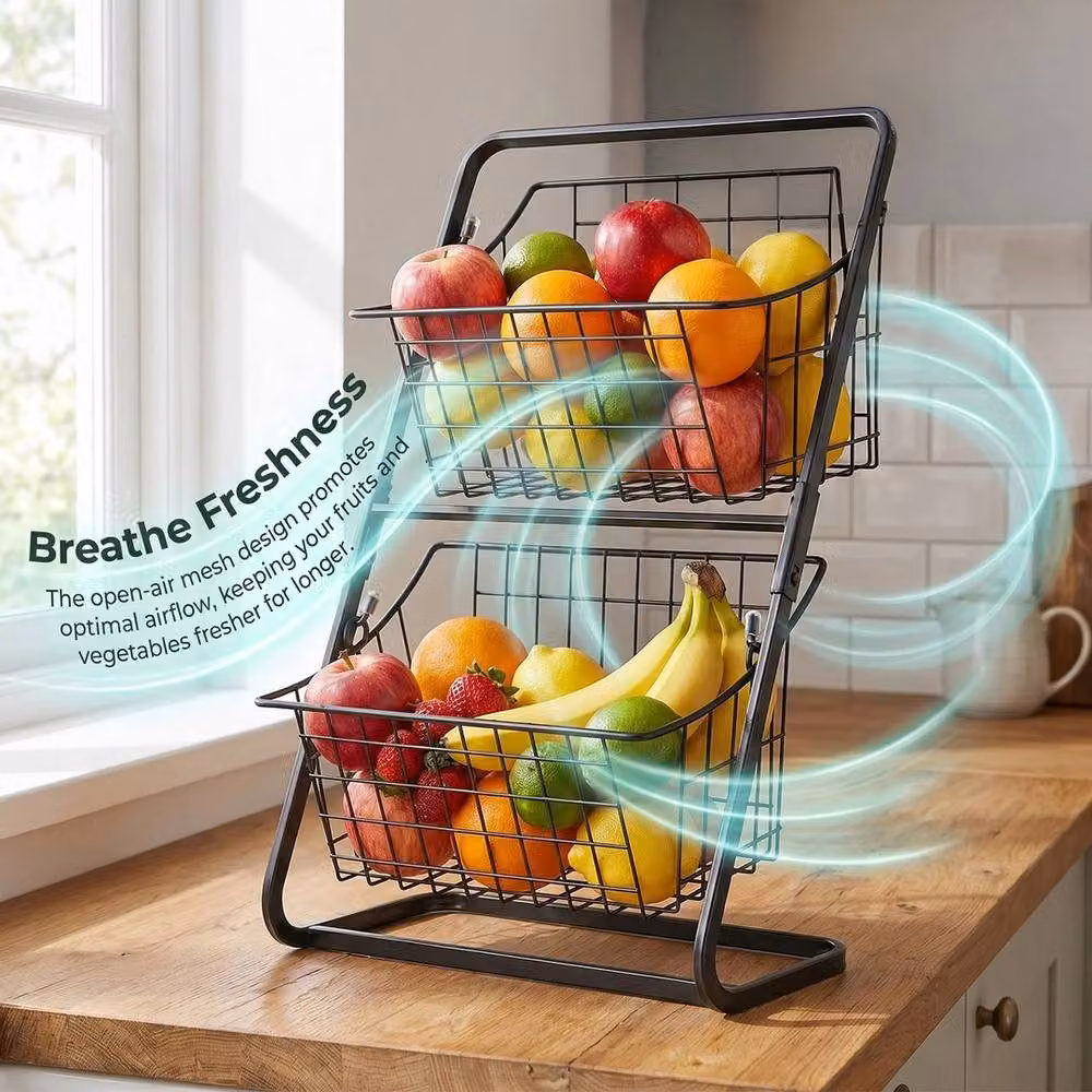 Nordara 2-Tier Metal Kitchen Fruit Basket in Black – 3