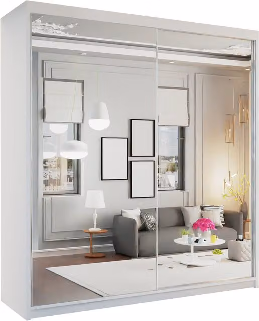 Sliding Wardrobes 4u Quebec Modern White Sliding Wardrobe with Mirror Doors and Integrated Drawers, Width: 200 cm