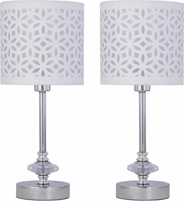 First Choice Lighting Set of 2 Chrome Table Lamps with White Fabric Shades in Silver
