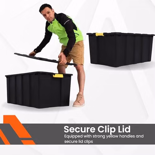 NOVECRAFTO Heavy Duty Plastic Storage Box with Lid and Handles, Black and Yellow, W/D/H: 58.0 x 42.0 x 58.0 cm – 5