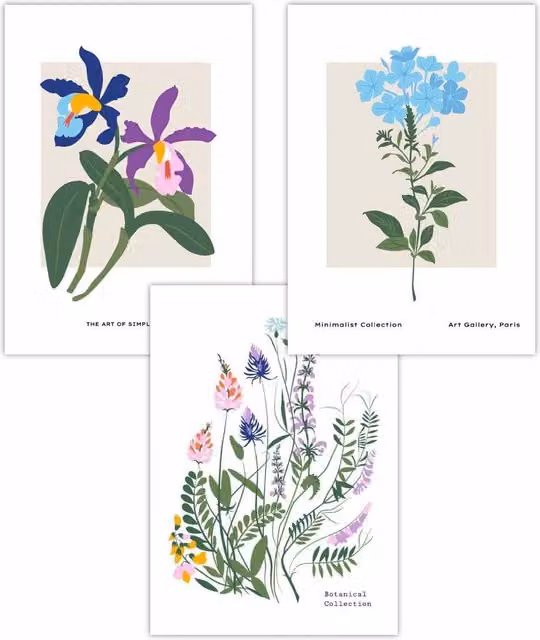 ARTZE Set of 3 Vintage Botanical Wild Flower Market Art Posters, Multicolour, W: 42 cm, H: 59 cm